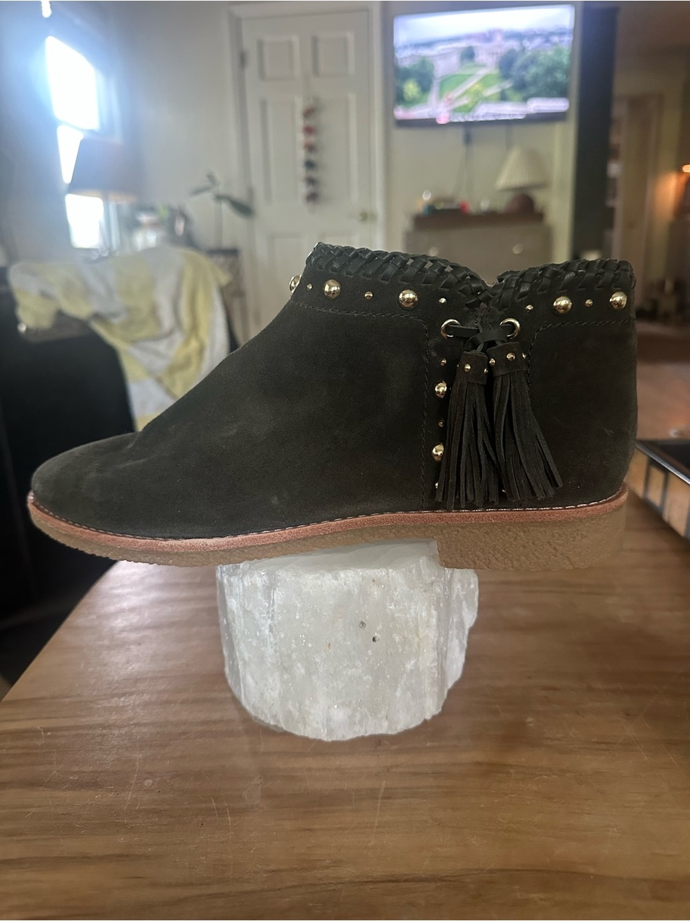 kate spade Olive Suede Tassel Ankle Boot goldStud new, never worn Size 9.5M